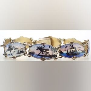 Guilloche Sterling Norway Scene Panel Links Ivar Holt 925 1950's Signed Bracelet